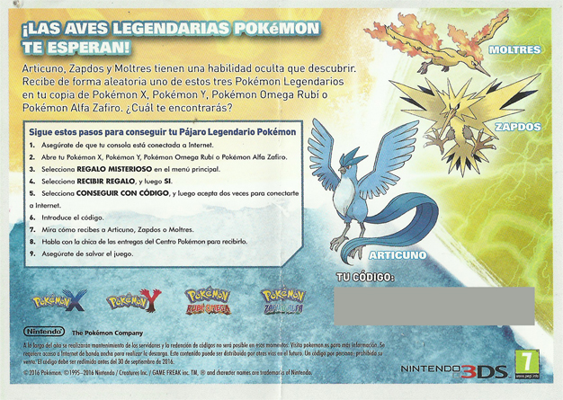 Código de Articuno, Zapdos y Moltres